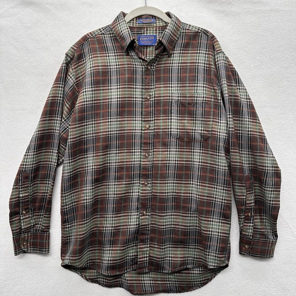 Sir Pendleton Fireside Wool Shirt Mens M Plaid Brown Green Worsted Button Up